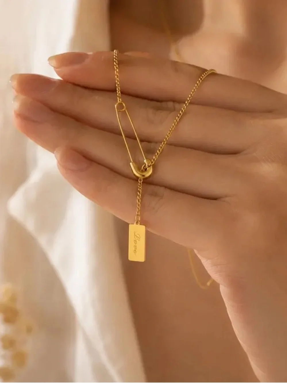 Safety Pin Necklace, 18K Gold Plated Love Necklace, Stainless Steel Necklace